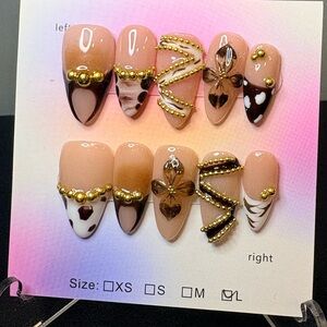 Nude & Brown Floral Accent Press-On Nails with Gold Bead Detailing